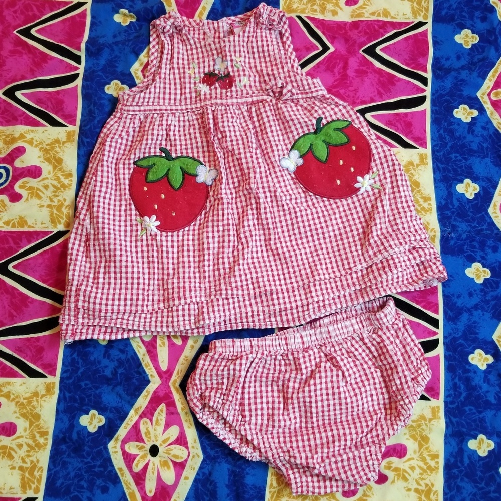 Red Checkered Strawberry Picnic Vintage Tunic Dress Bloomers Size 18 Months